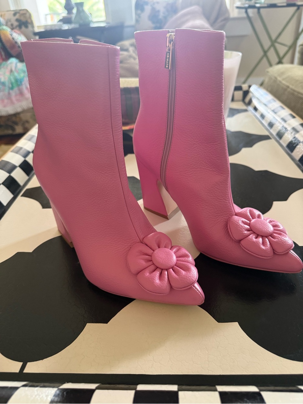 Pink Floral Appliqué Pointed-Toe Block-Heel Ankle Boots